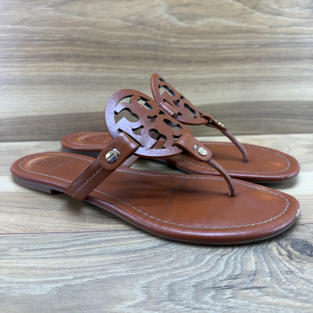 Tory Burch Miller Royal Tan Sandals 9 M Leather Flip Flops Vacation Resort - Picture 2 of 10